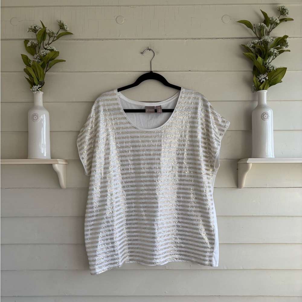 Chico's Outlet Sequined Stripe Gwendolyn Scoop Top Short Sleeve Size XL NWT